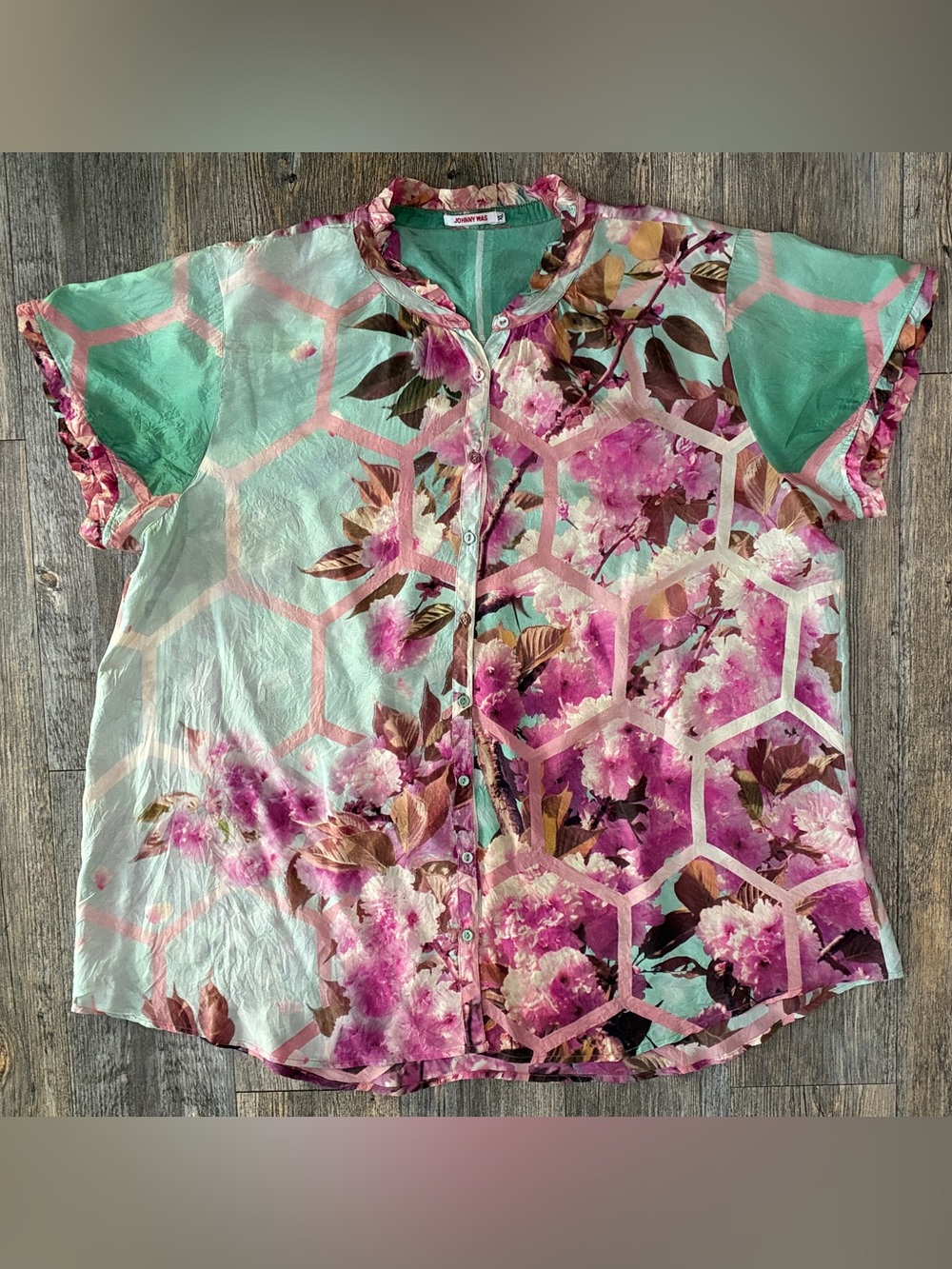 Johnny Was XL 100% Silk Hunny Nahia Tunic Pink Green Ruffle Hem Blouse Hexagon
